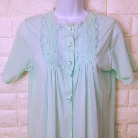 Vintage 80s Danni Dressing Gown Robe -L Pocket Ruched Lace Buttons SSL Nylon - Picture 2 of 8